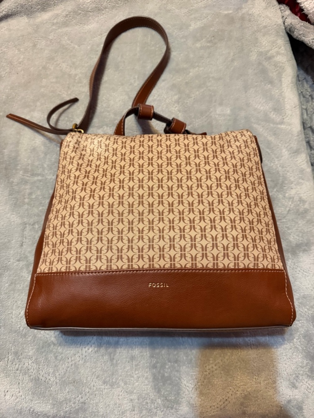Fossil Brown and Cream‎ Logo Pattern Shoulder Bag